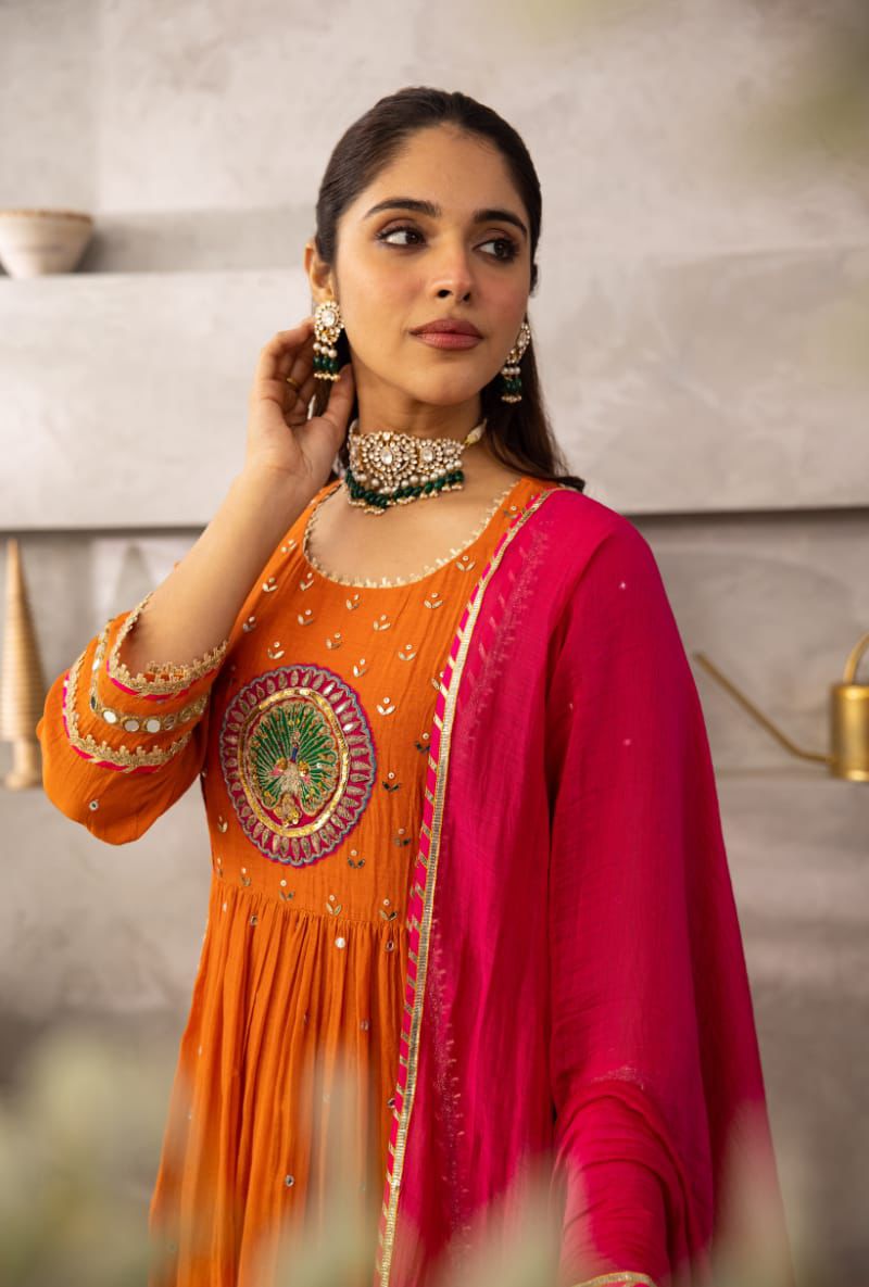 Vibrant Orange Anarkali Suit with Peacock Embroidery