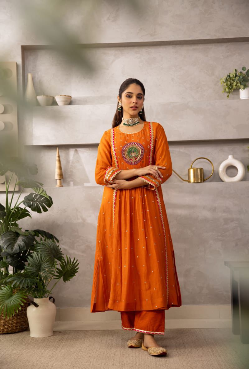 Vibrant Orange Anarkali Suit with Peacock Embroidery