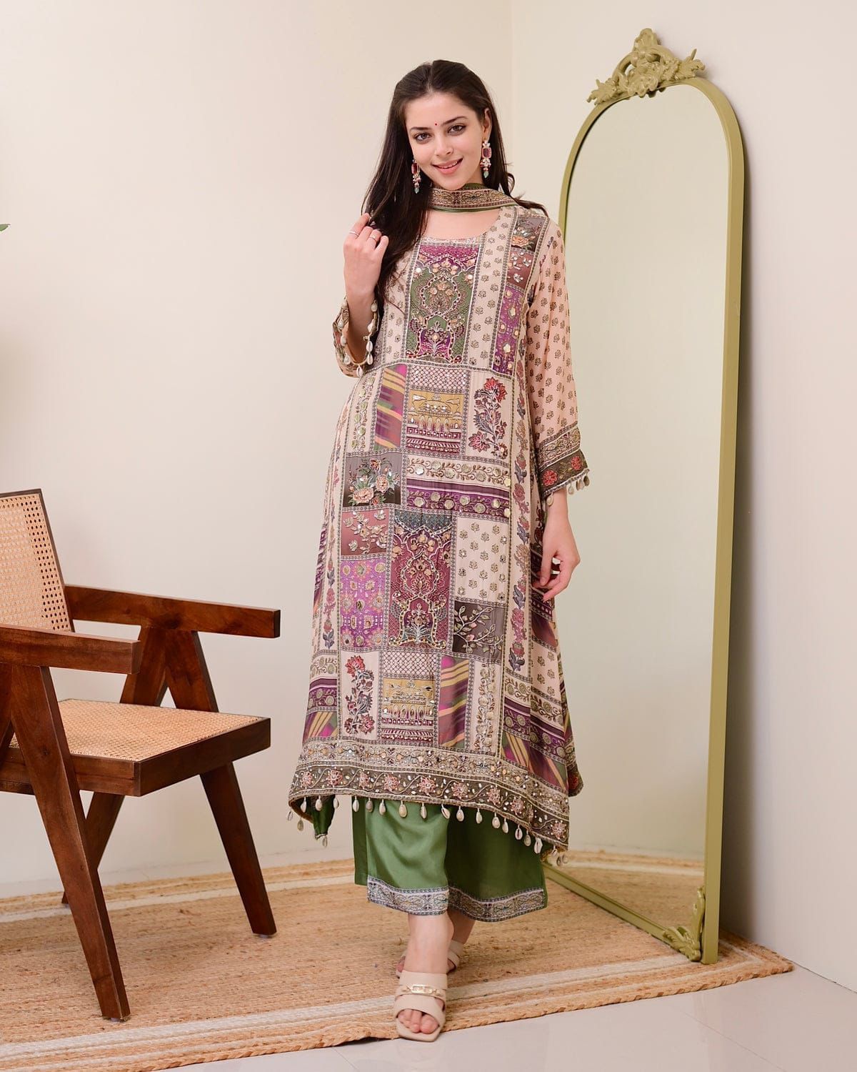 Multi-Color Patchwork Print Kurta Set.