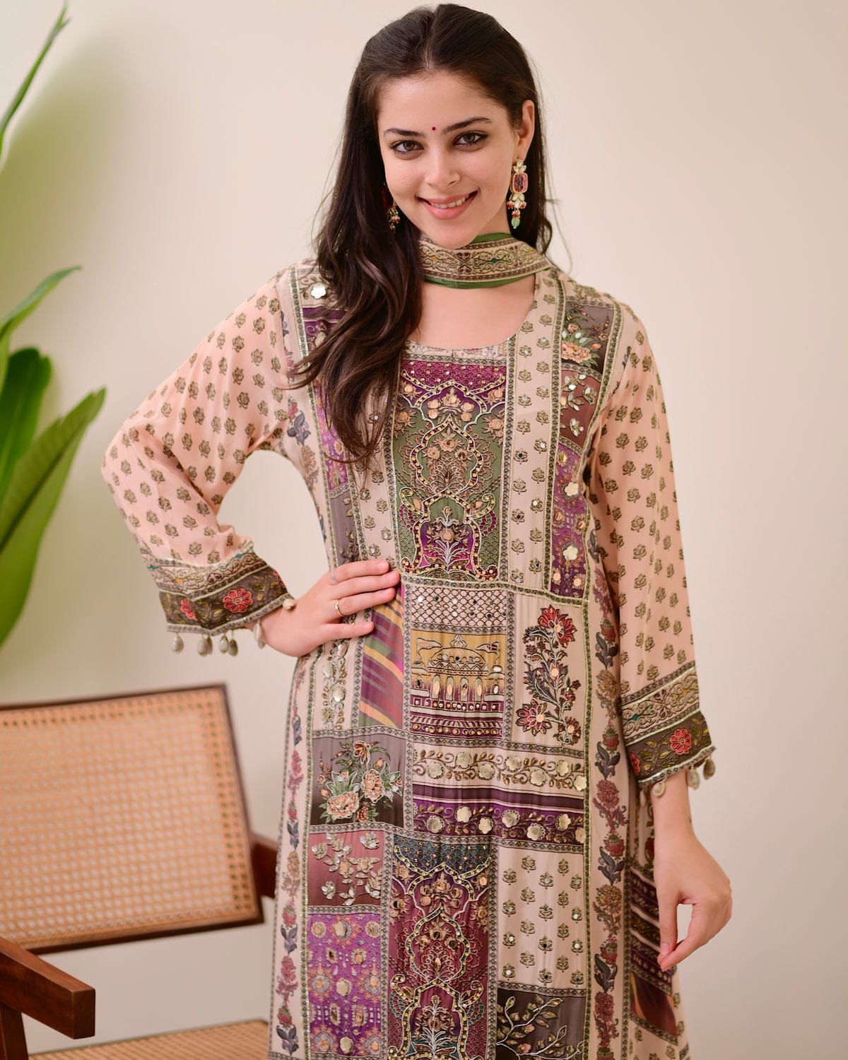 Multi-Color Patchwork Print Kurta Set.