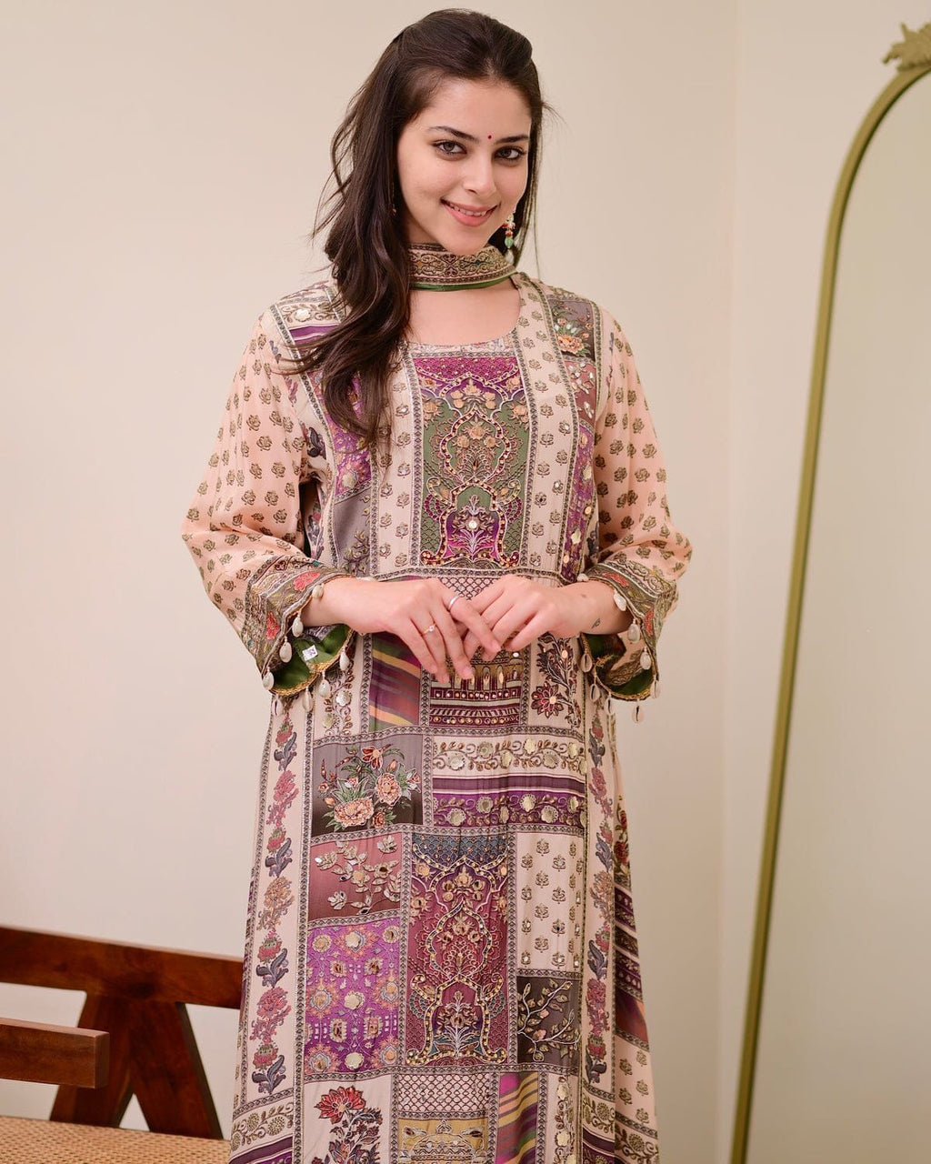 Multi-Color Patchwork Print Kurta Set.