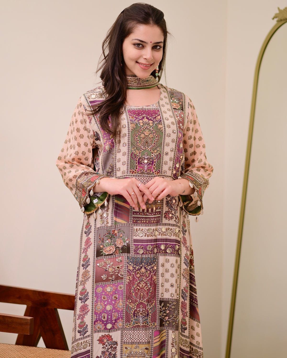 Multi-Color Patchwork Print Kurta Set.