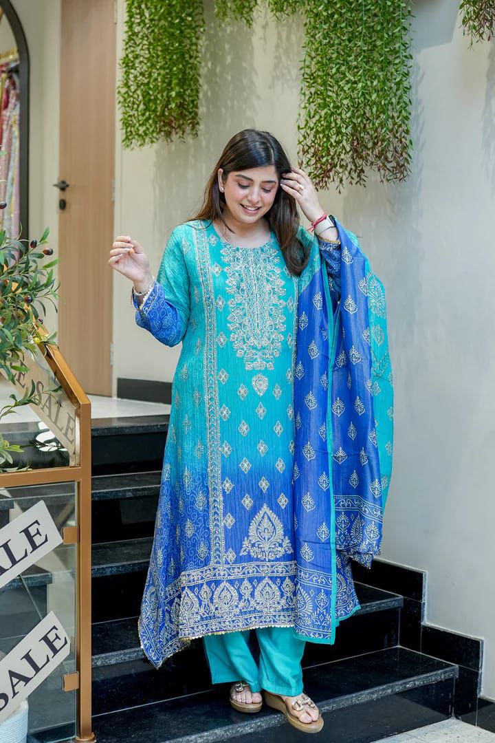 Vibrant Teal and Blue Printed Suit Set