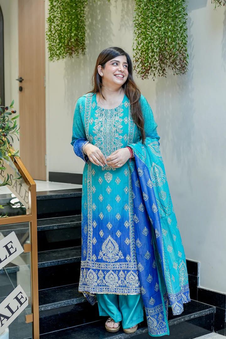 Vibrant Teal and Blue Printed Suit Set