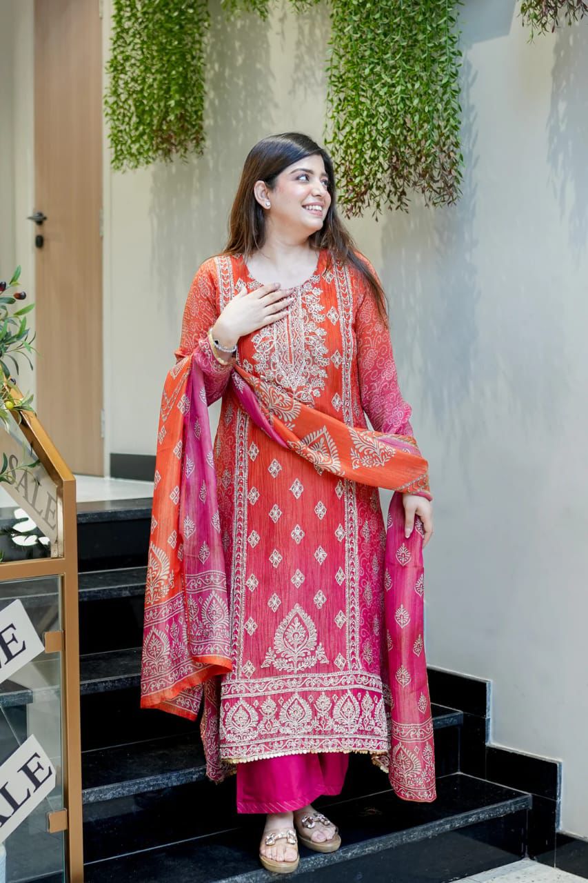 Red and Orange Festive Ombre Suit Set
