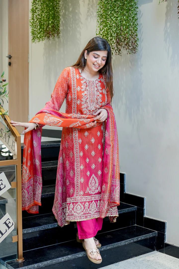Red and Orange Festive Ombre Suit Set