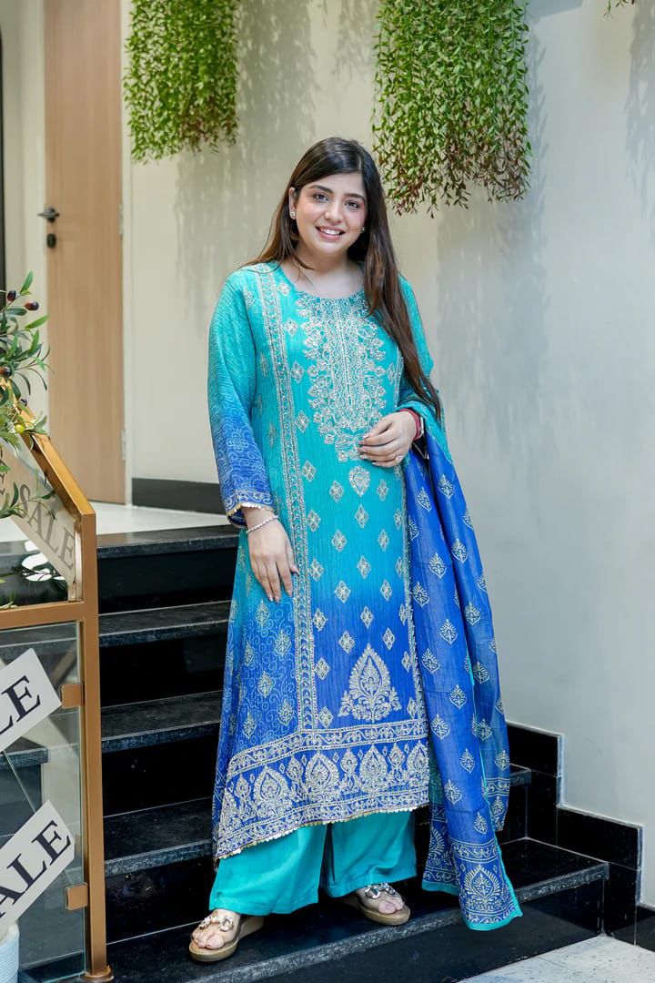 Vibrant Teal and Blue Printed Suit Set