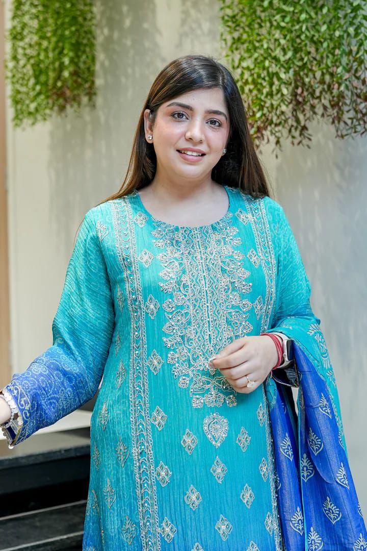 Vibrant Teal and Blue Printed Suit Set