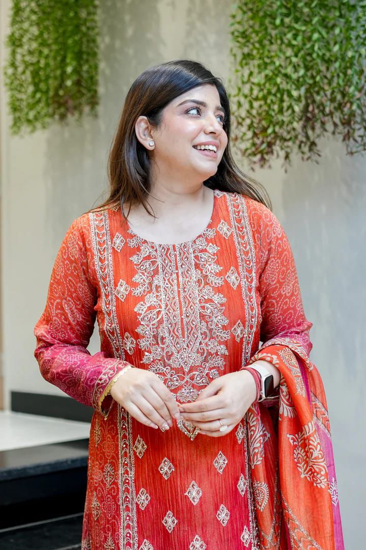 Red and Orange Festive Ombre Suit Set