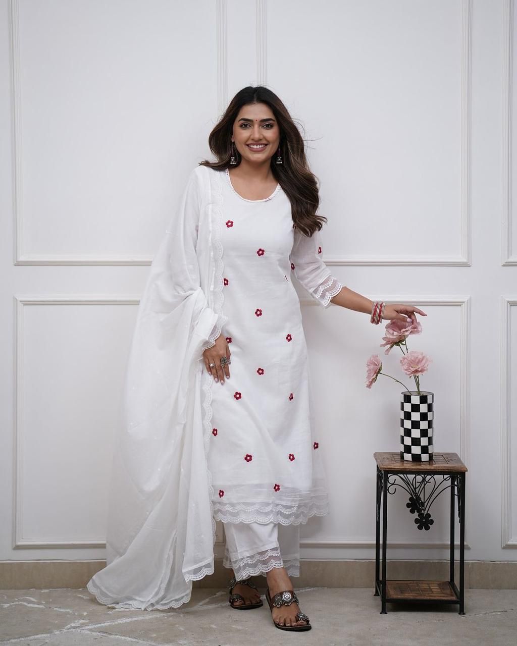 Pristine White Suit Set with Pink Floral Embroidery