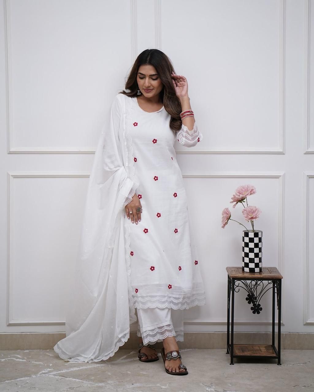 Pristine White Suit Set with Pink Floral Embroidery
