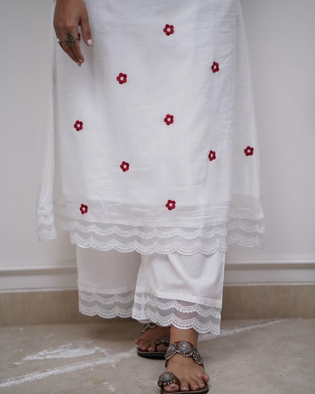Pristine White Suit Set with Pink Floral Embroidery