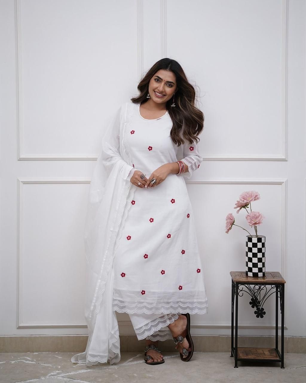 Pristine White Suit Set with Pink Floral Embroidery