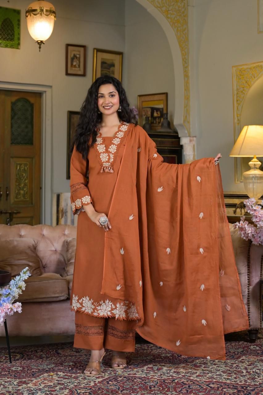 Terracotta/Rust Suit Set with White Embroidery