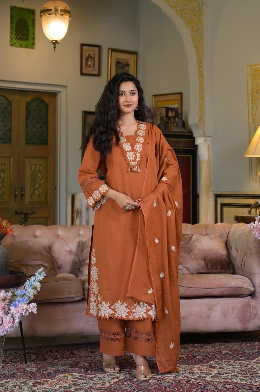 Terracotta/Rust Suit Set with White Embroidery
