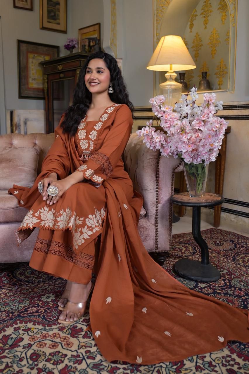 Terracotta/Rust Suit Set with White Embroidery