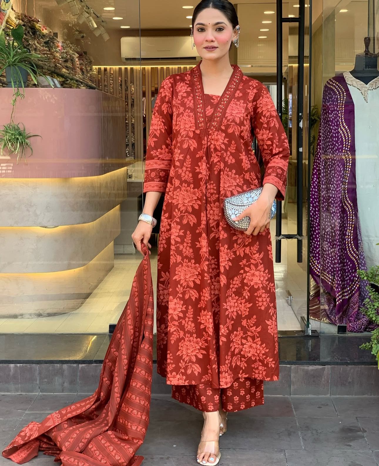 Rich Rust Red Floral Print Kurta Set