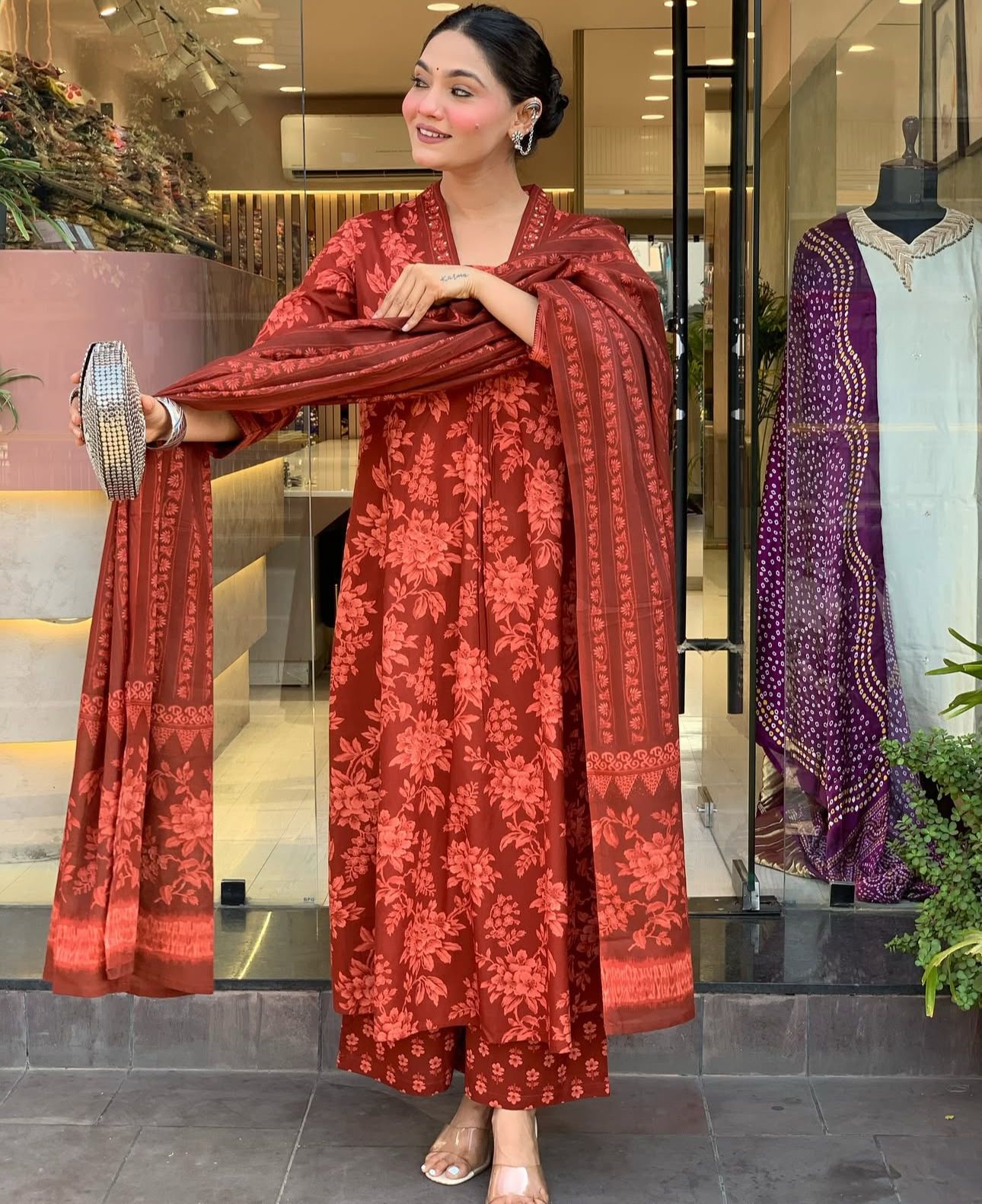 Rich Rust Red Floral Print Kurta Set