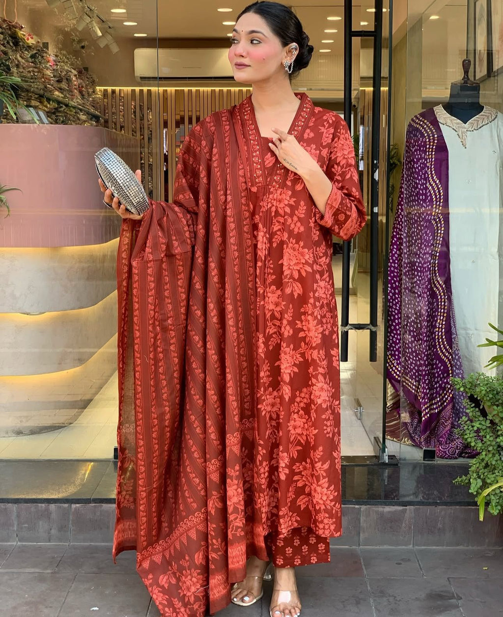 Rich Rust Red Floral Print Kurta Set