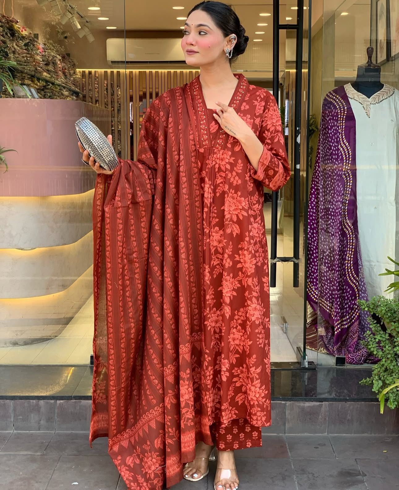 Rich Rust Red Floral Print Kurta Set