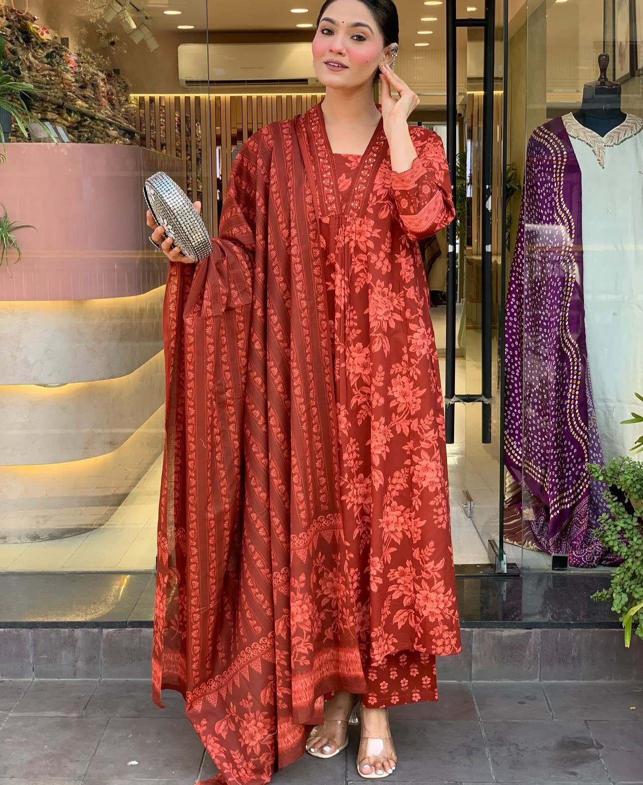 Rich Rust Red Floral Print Kurta Set