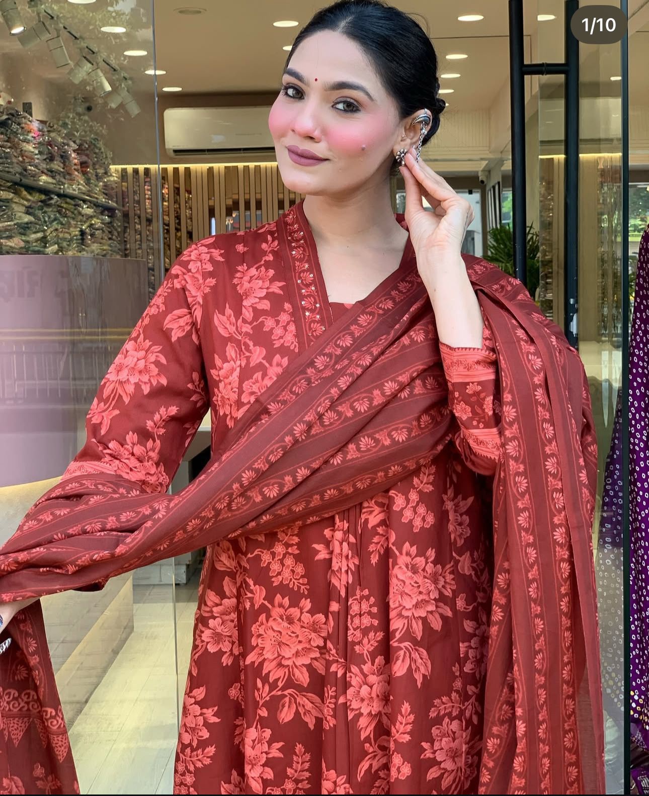 Rich Rust Red Floral Print Kurta Set