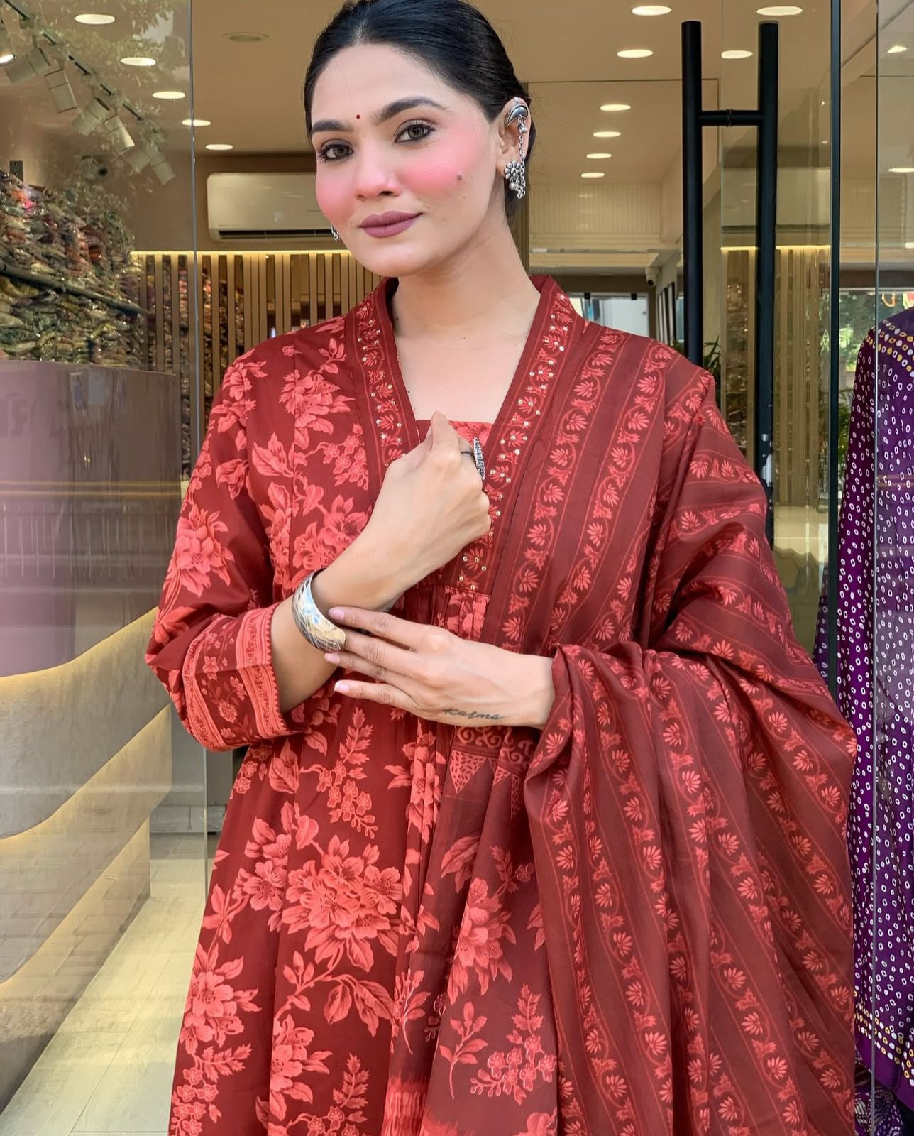 Rich Rust Red Floral Print Kurta Set