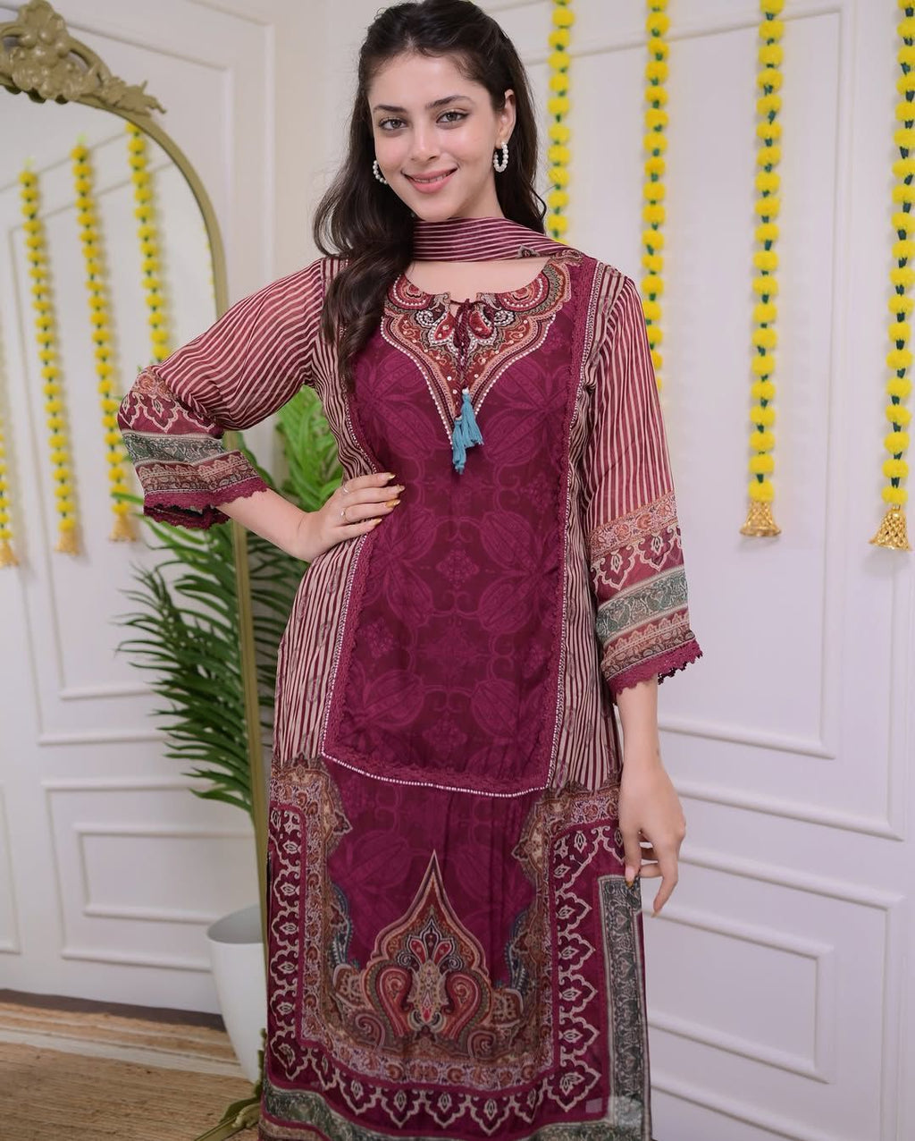 Rich Maroon and Paisley Print Suit Set