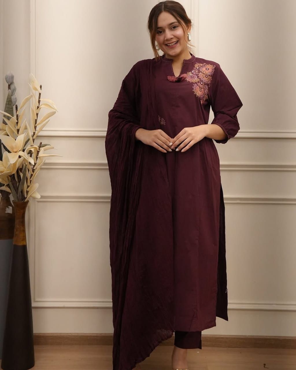 Rich Wine Red Suit Set with Colorful Embroidery