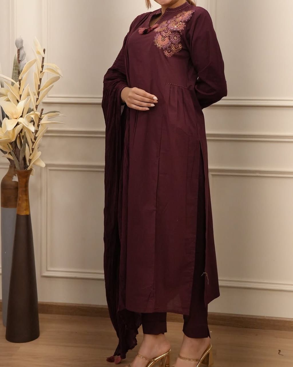 Rich Wine Red Suit Set with Colorful Embroidery