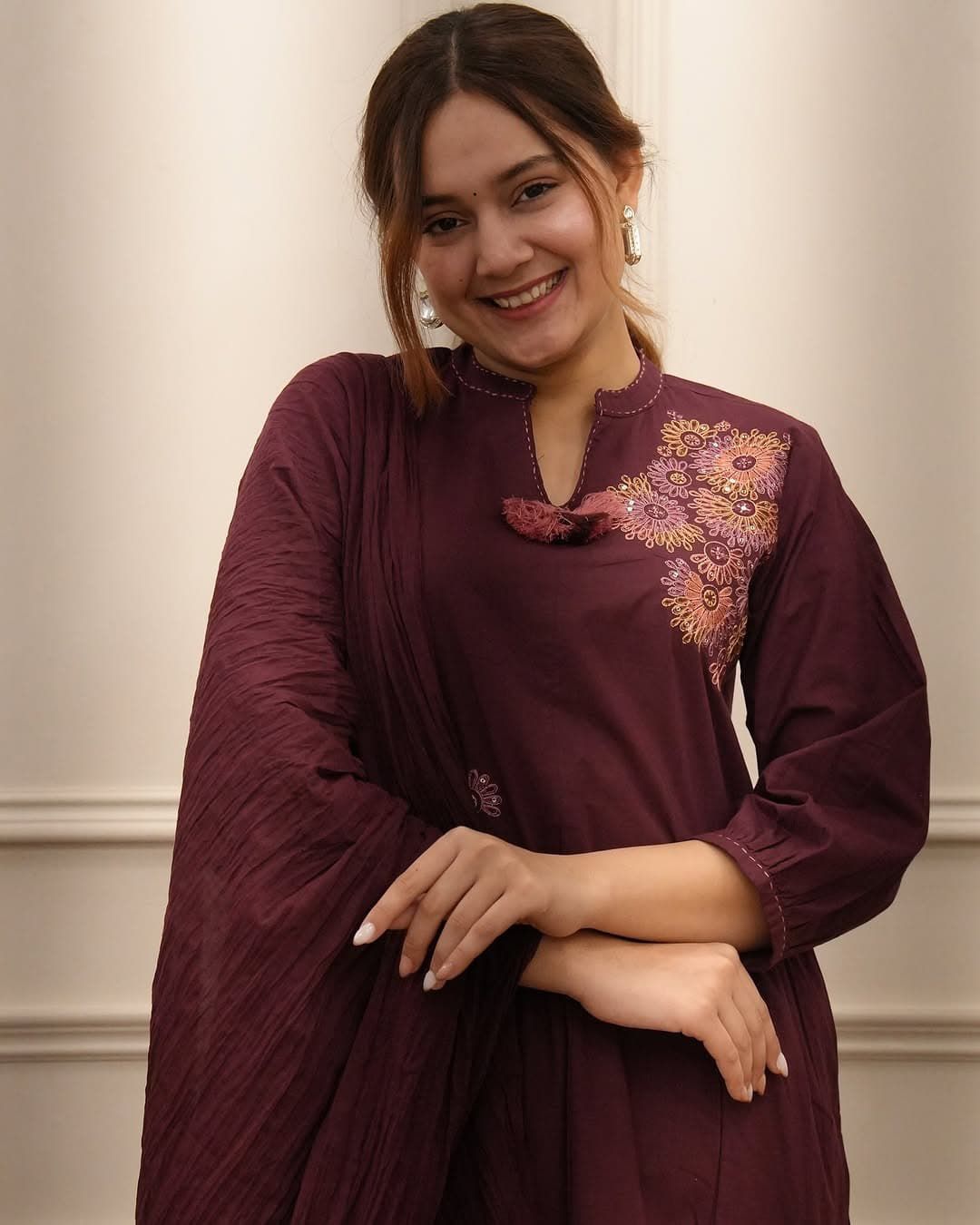 Rich Wine Red Suit Set with Colorful Embroidery