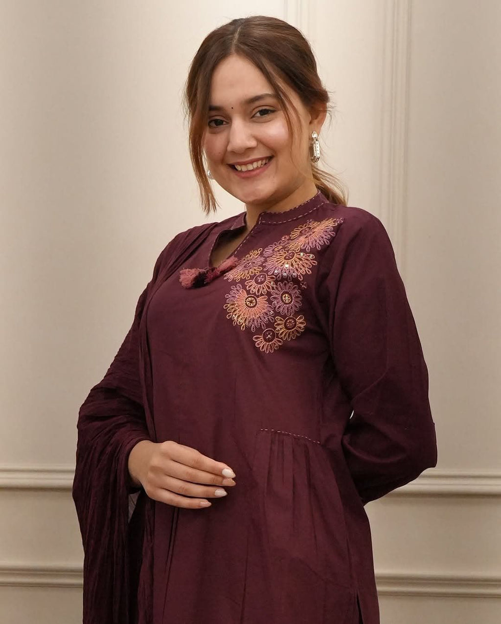 Rich Wine Red Suit Set with Colorful Embroidery