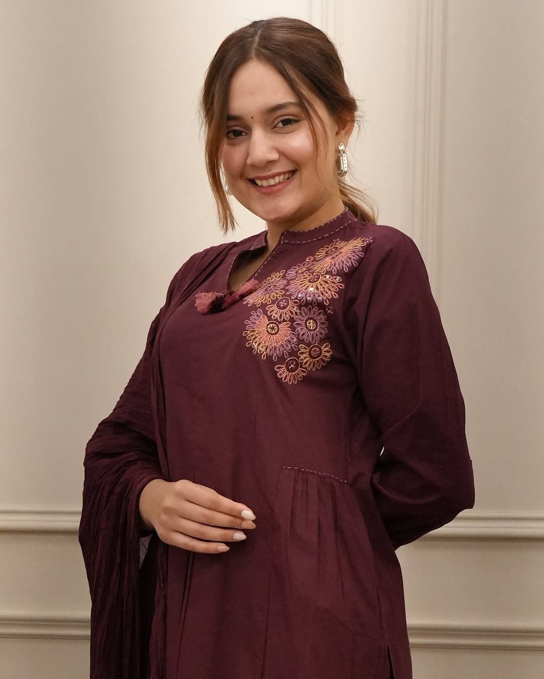 Rich Wine Red Suit Set with Colorful Embroidery