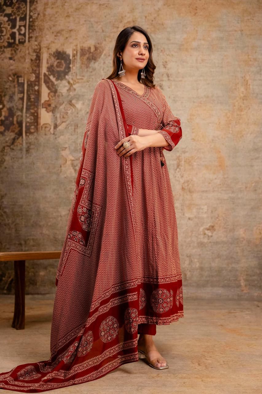 Red and Maroon Printed Anarkali Suit Set