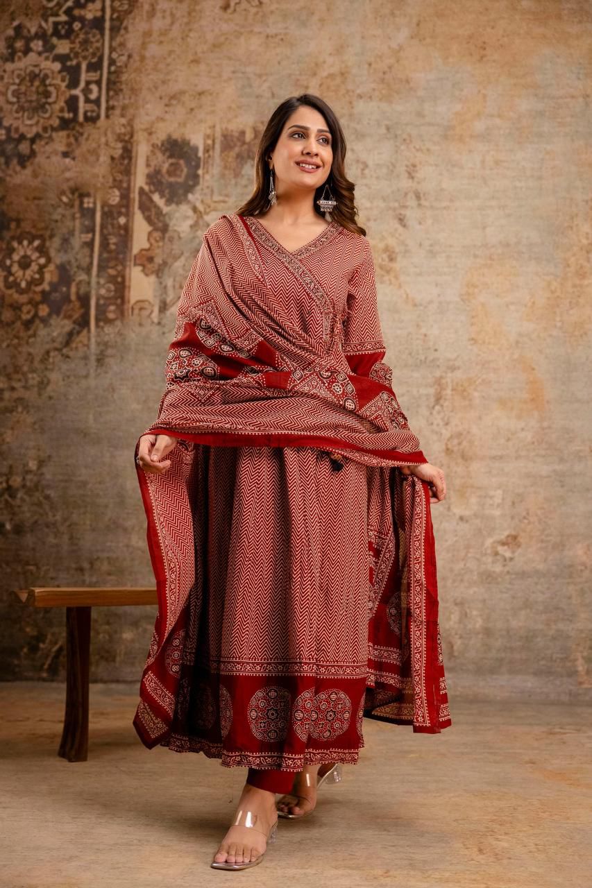 Red and Maroon Printed Anarkali Suit Set
