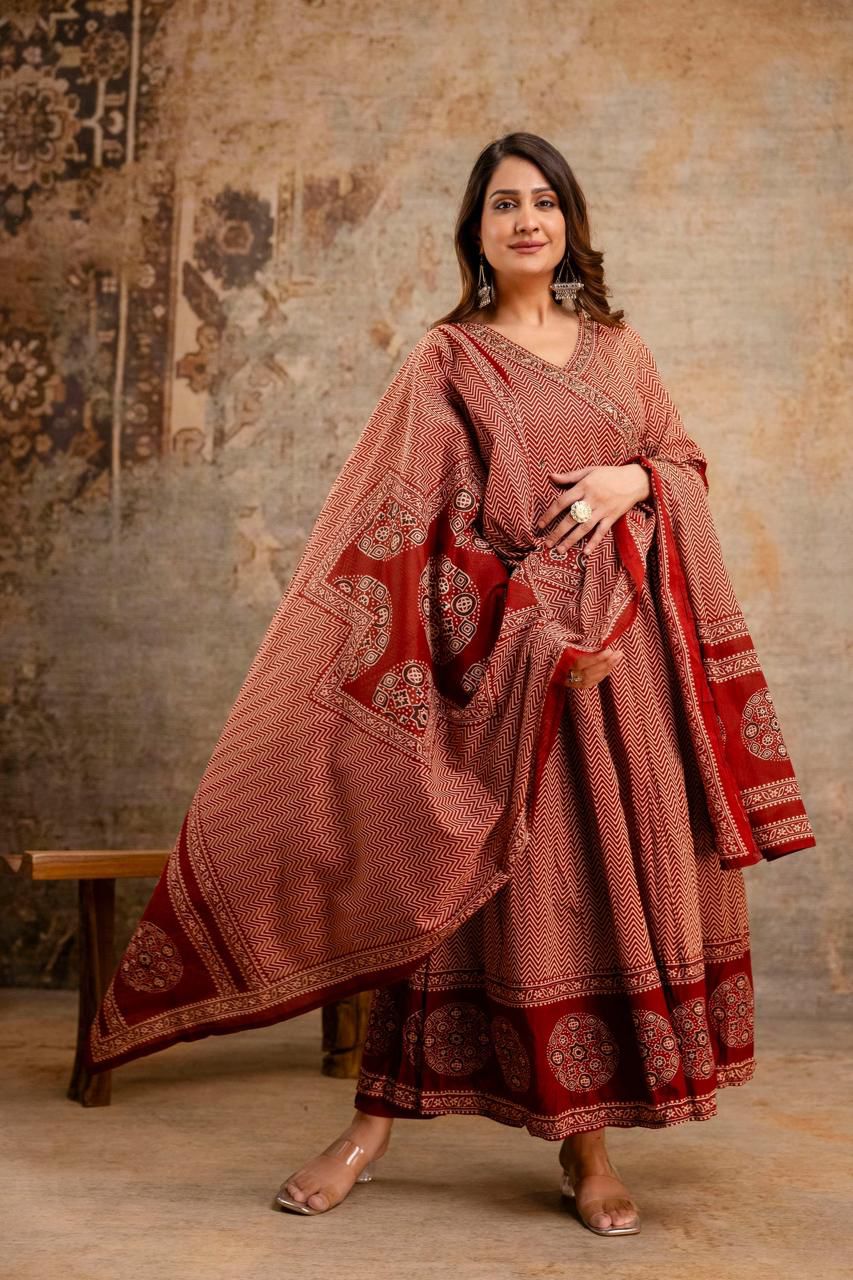 Red and Maroon Printed Anarkali Suit Set