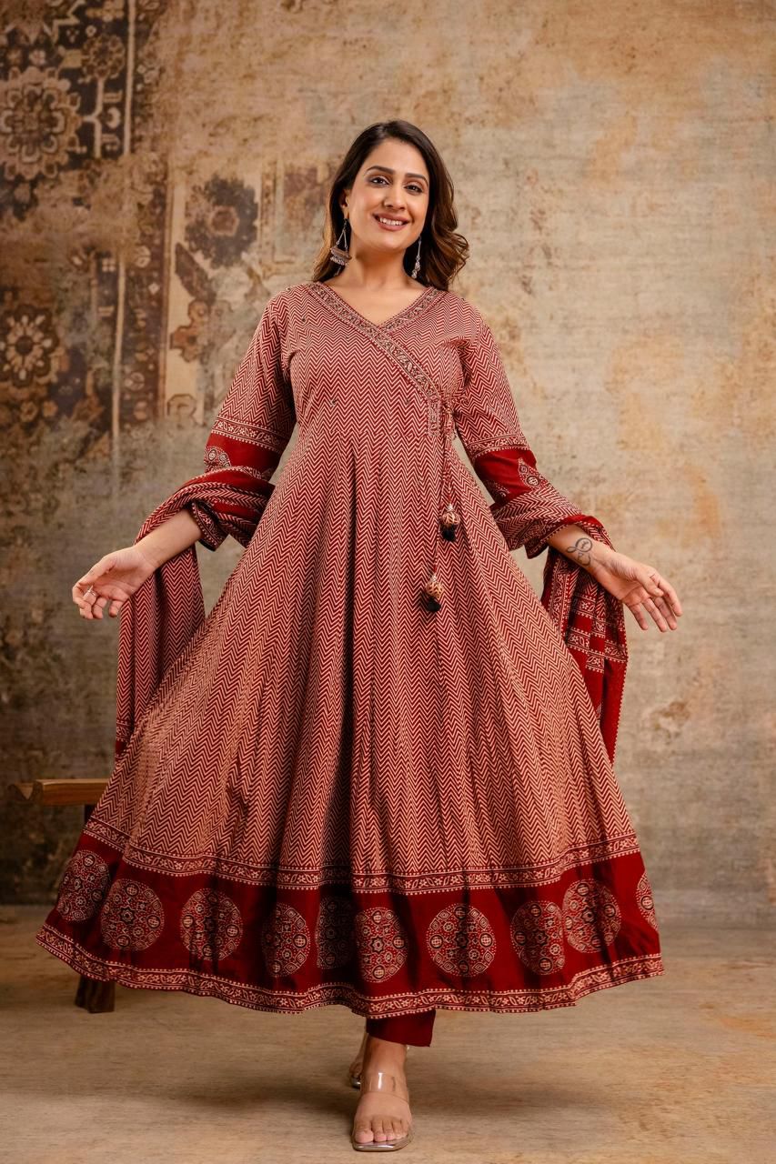 Red and Maroon Printed Anarkali Suit Set
