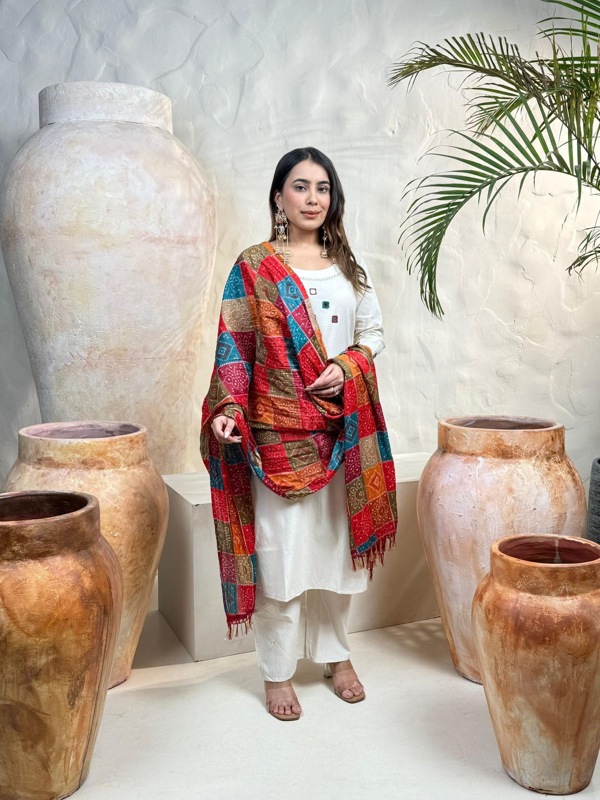 Ivory Suit Set with Multi-Color Patchwork Shawl