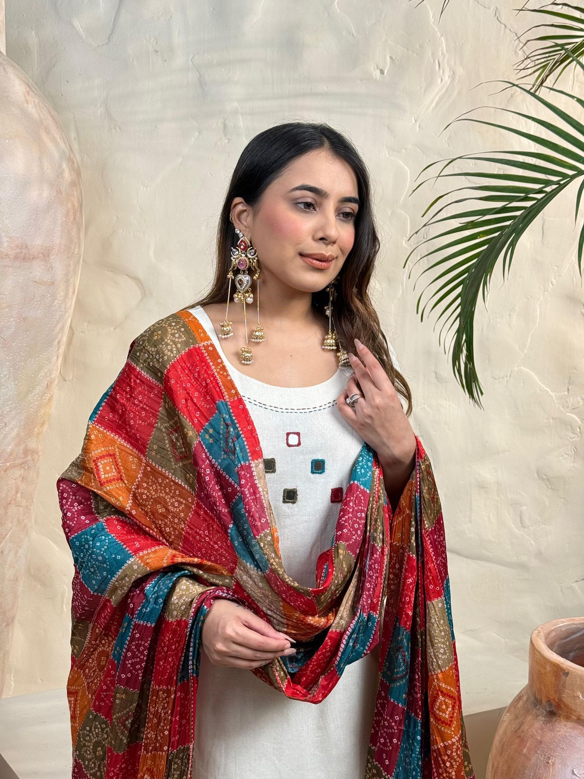 Ivory Suit Set with Multi-Color Patchwork Shawl