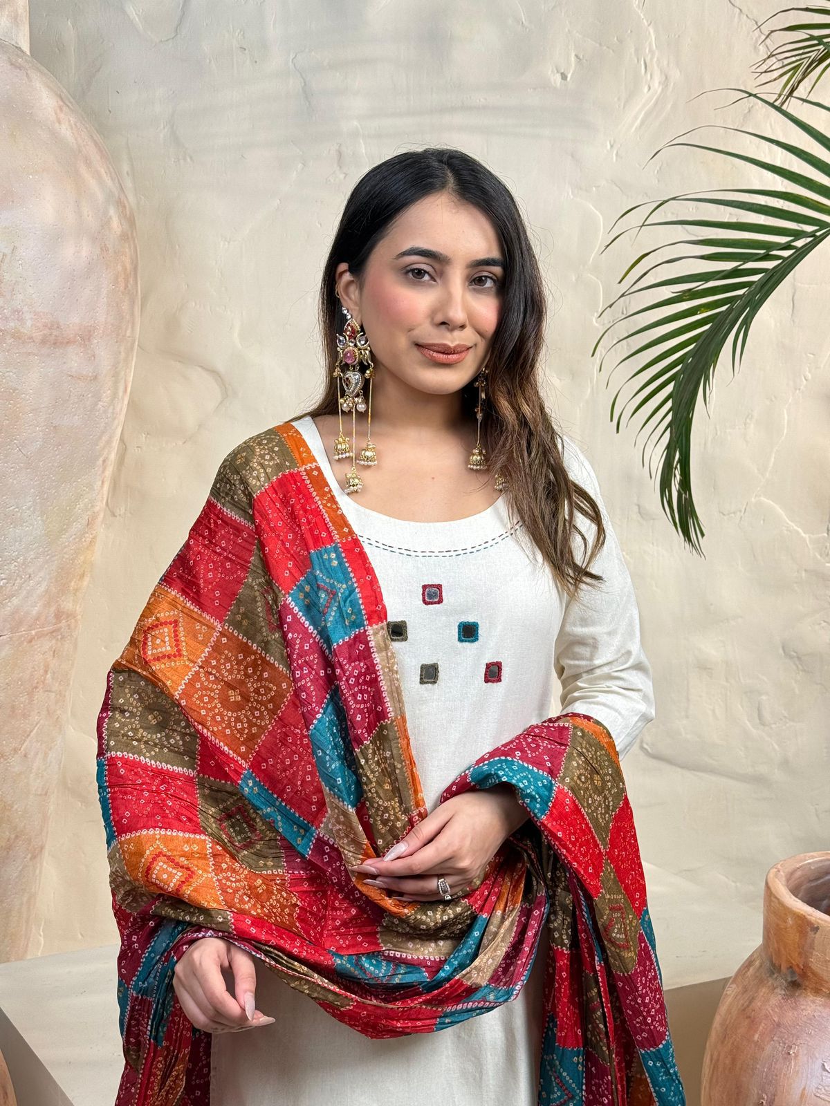 Ivory Suit Set with Multi-Color Patchwork Shawl