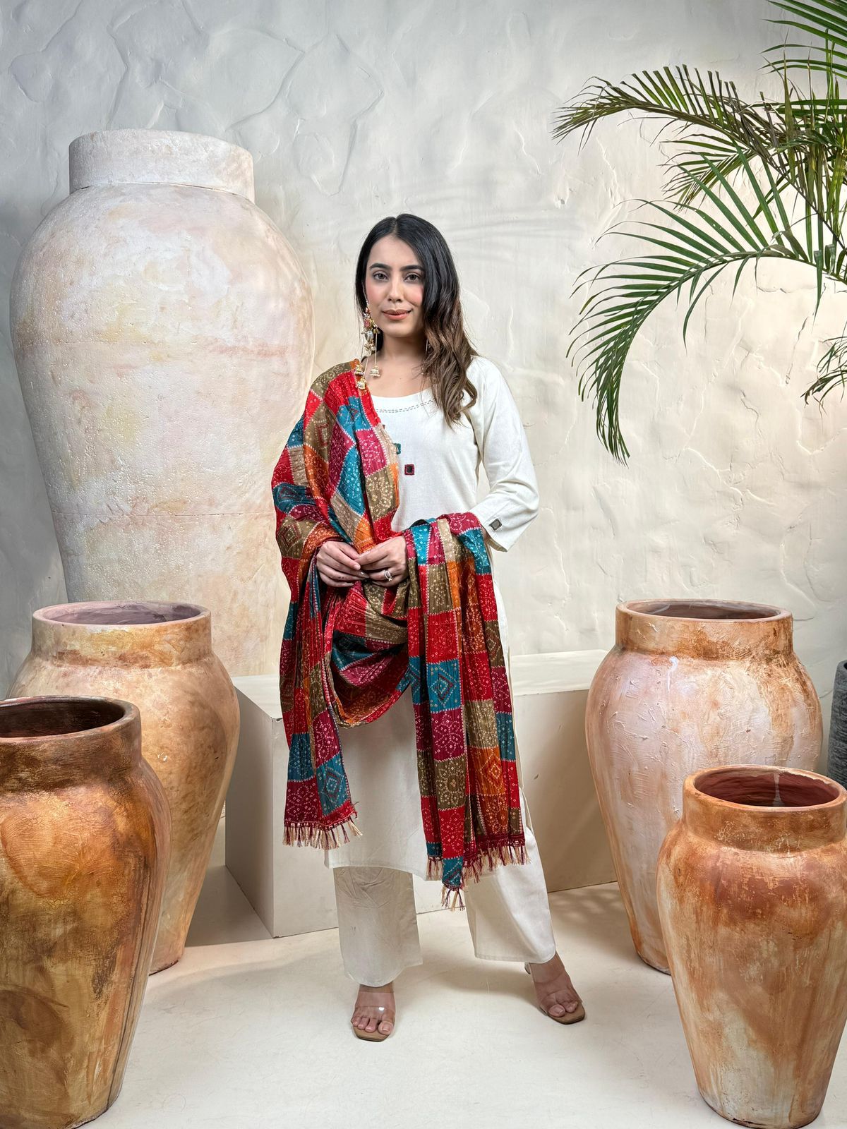 Ivory Suit Set with Multi-Color Patchwork Shawl