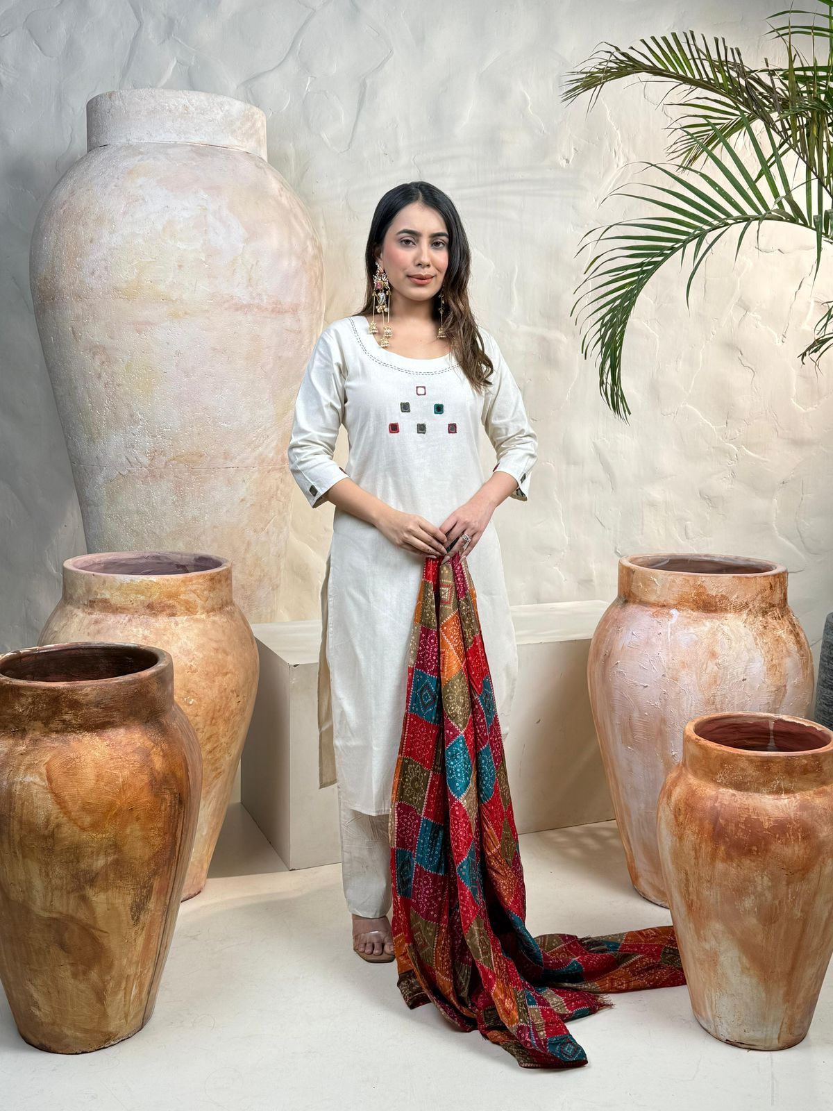 Ivory Suit Set with Multi-Color Patchwork Shawl
