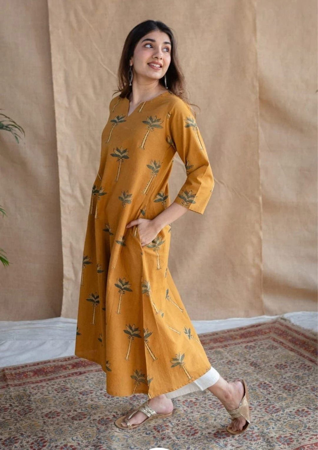 Mustard Yellow Cotton Kurta with Palm Tree Print – Casual & Ethnic Wear"
