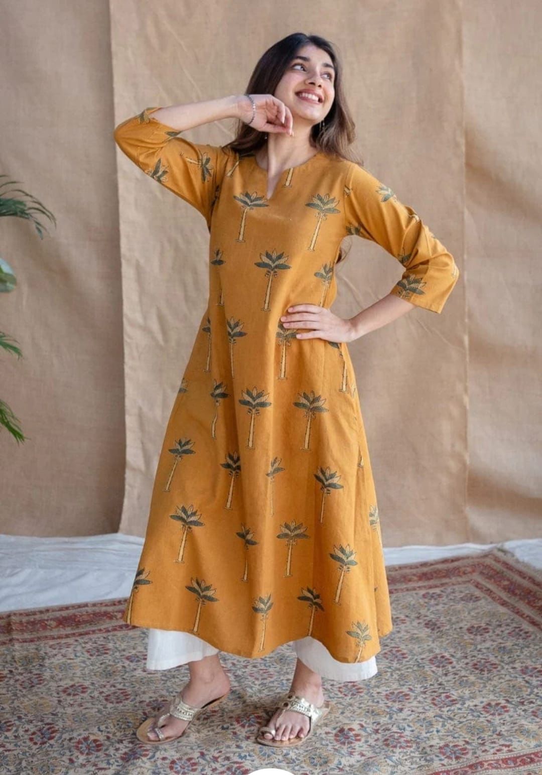 Mustard Yellow Cotton Kurta with Palm Tree Print – Casual & Ethnic Wear"