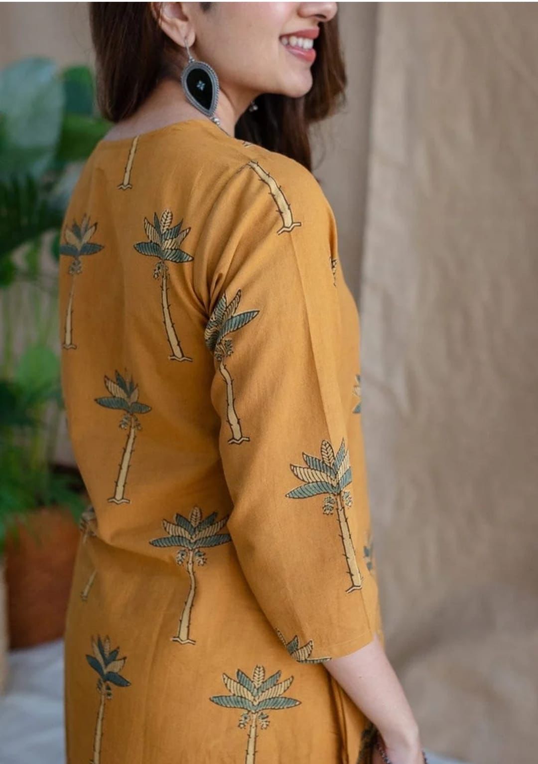 Mustard Yellow Cotton Kurta with Palm Tree Print – Casual & Ethnic Wear"