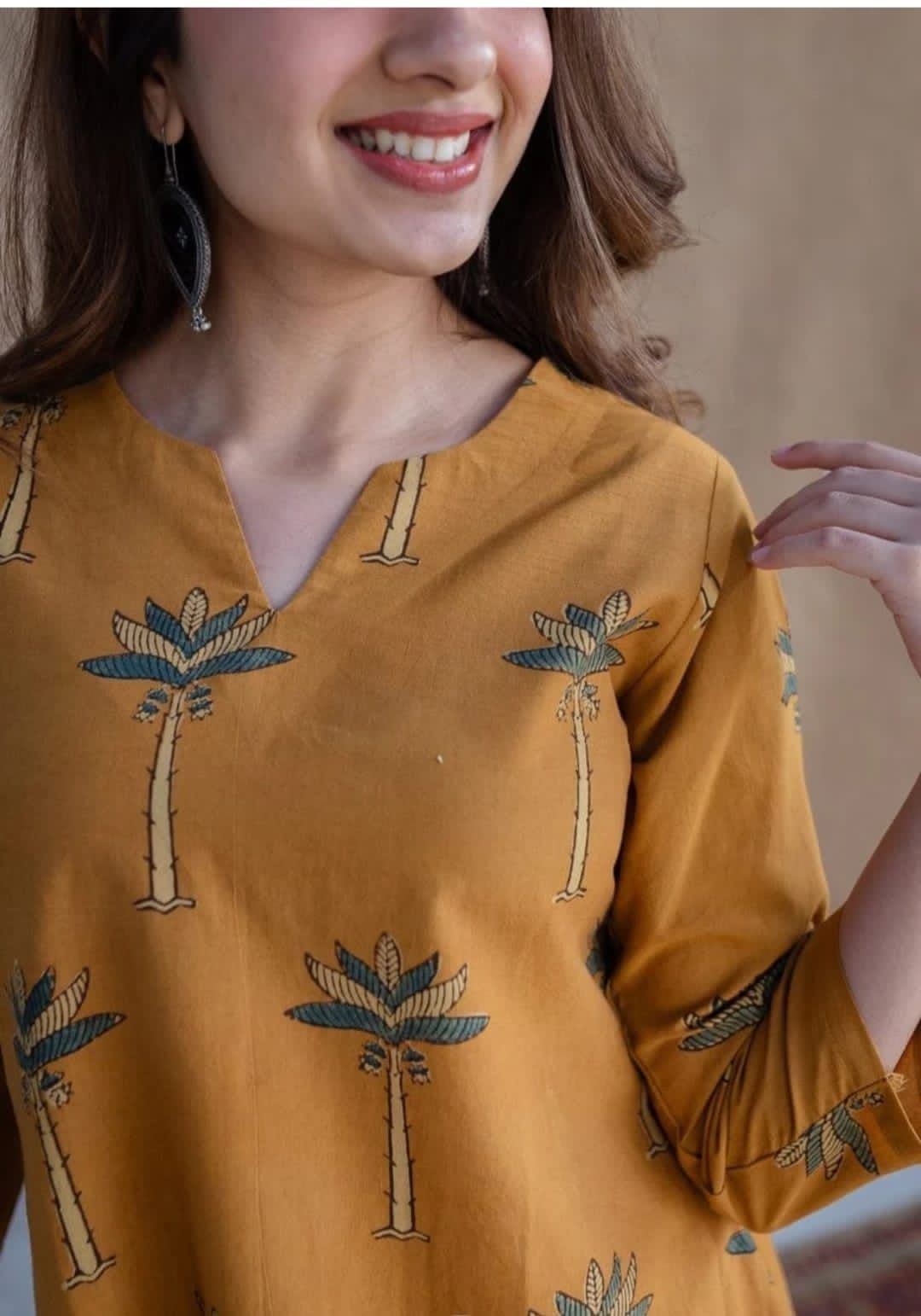 Mustard Yellow Cotton Kurta with Palm Tree Print – Casual & Ethnic Wear"