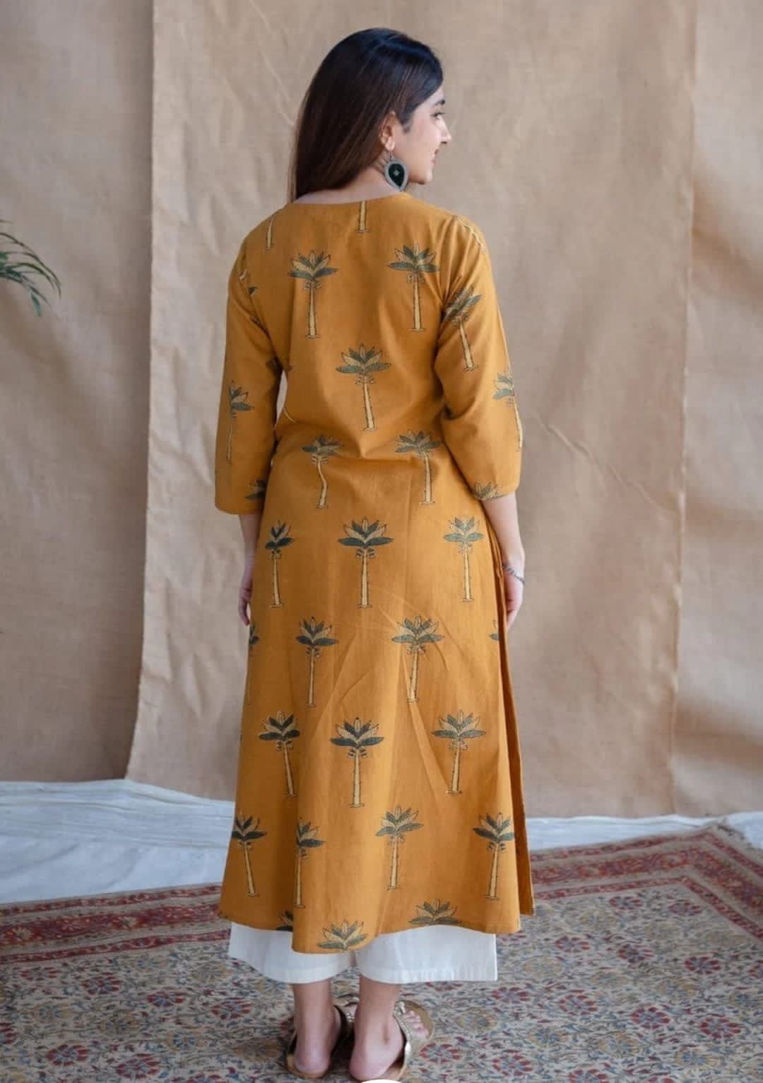Mustard Yellow Cotton Kurta with Palm Tree Print – Casual & Ethnic Wear"
