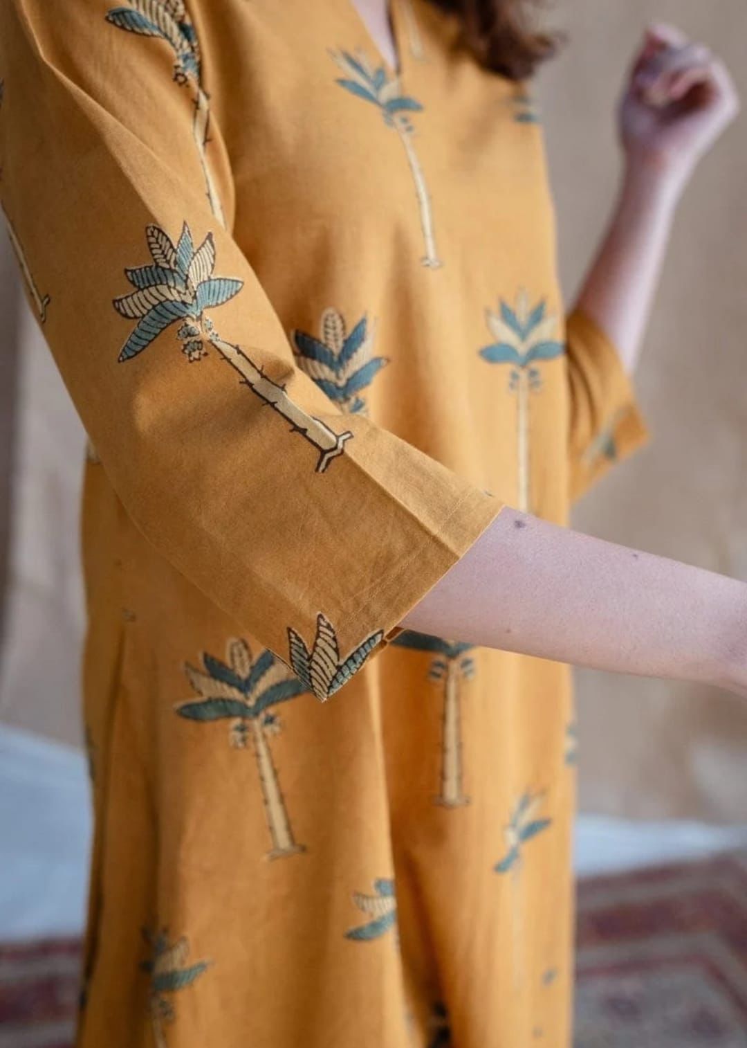 Mustard Yellow Cotton Kurta with Palm Tree Print – Casual & Ethnic Wear"