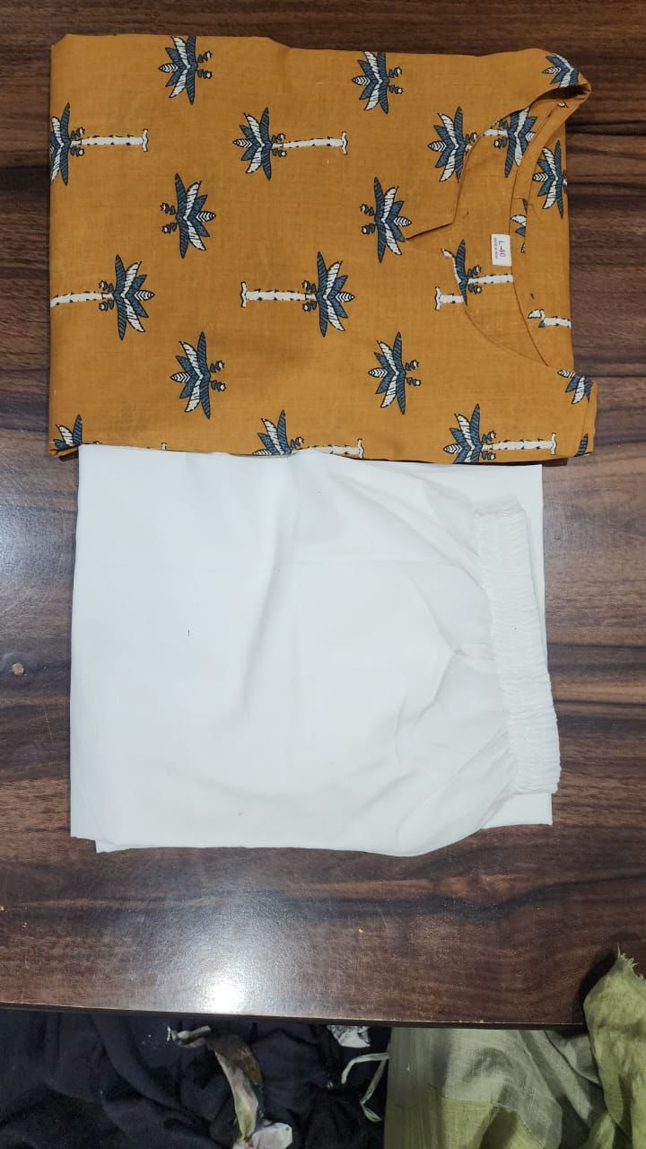 Mustard Yellow Cotton Kurta with Palm Tree Print – Casual & Ethnic Wear"
