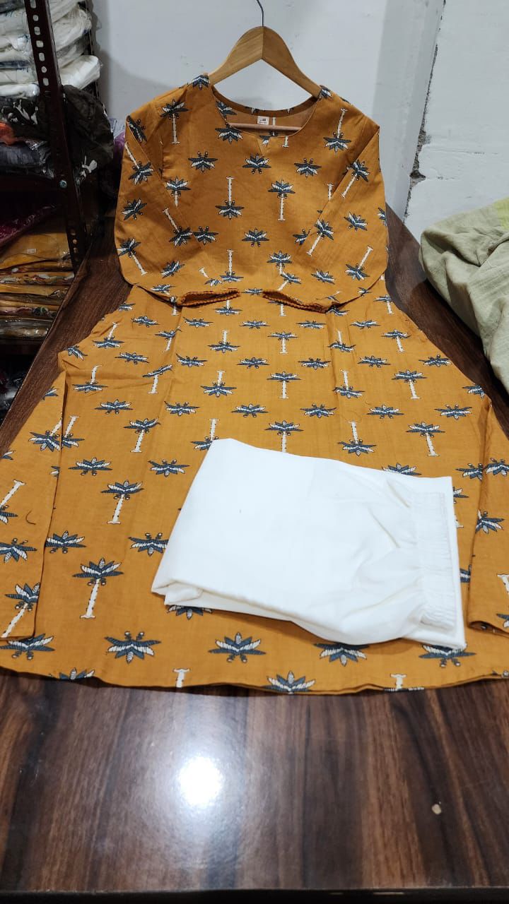 Mustard Yellow Cotton Kurta with Palm Tree Print – Casual & Ethnic Wear"